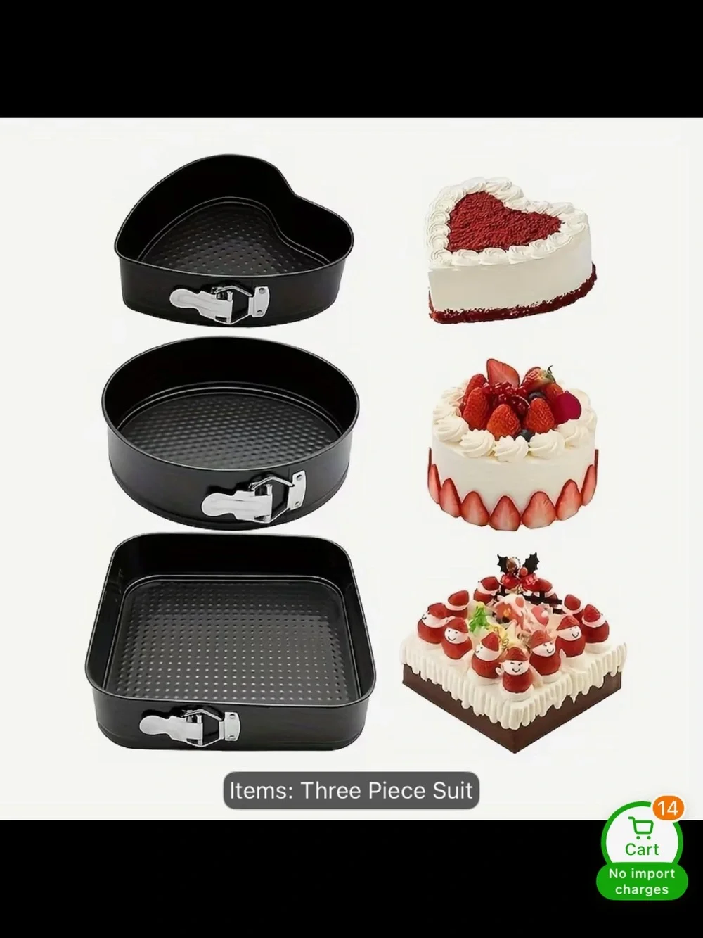 3-Piece Black Nonstick Springform Cake Pan Set - Heart, Round & Square